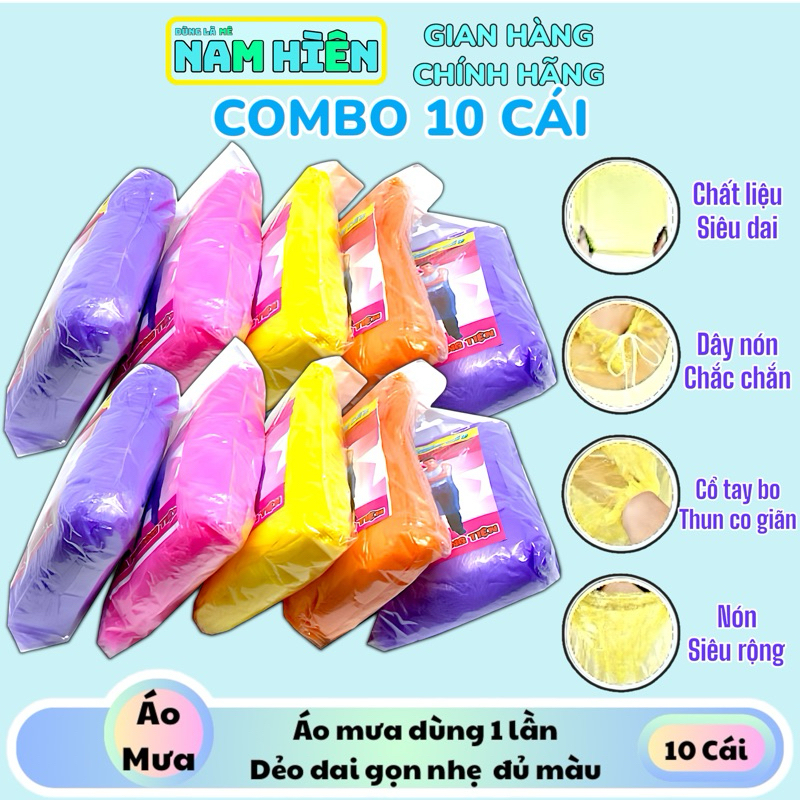 Combo 10 Áo Mưa Nilon Dùng 1 Lần Dẻo Dai Tiện Lợi - Độ Dày 0.07mm Đủ Màu Cao Su