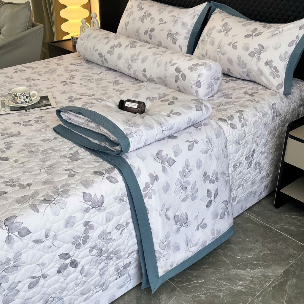 Bộ 5 Món Chăn Ga Gối Cotton Tencel Ga phủ chăn hè chân bông dùng được cho tất cả size giường