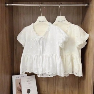 [VIDEO/ SẴN] ÁO BABYDOLL PHỐI CỔ THẮT NƠ CHẤT REN THÊU HOA TAY BÈO SIÊU XINH A38