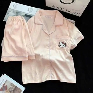 Bộ đồ ngủ nữ cộc tay quần short màu xanh túi mèo Hello Kitty Cotton mềm hoạt hình đáng yêu dễ thương 008