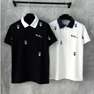 Áo polo nam CD cotton cá sấu gai Áo polo thêu Nổi chữ kí logo ong phối cổ 2 màu đen trắng 2025