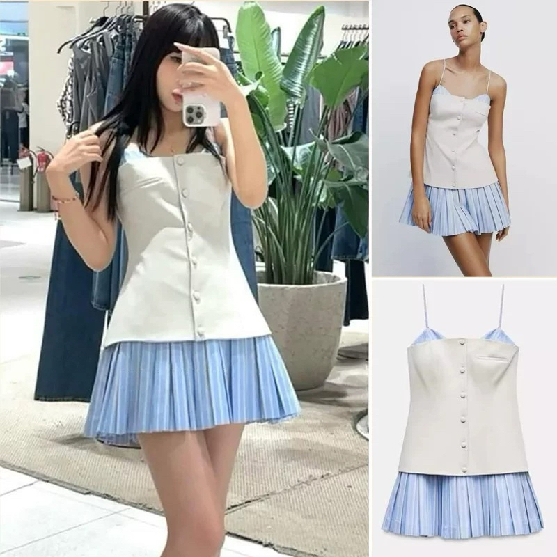 (sẵn xám) ĐẦM LIÊN CHÂN VÁY XẾP LY CỔ V ZARA XUẤT