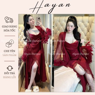HT811 Set váy ngủ và áo choàng tay lông cổ đổ sang chảnh,đồ ngủ lụa xẻ đùi tôn dáng HT811