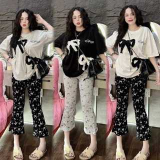 Đồ bộ nữ, set đồ bộ quần ống loe 9 tất có túi và áo tay ngắn thun gân tăm lạnh, đồ mặc nhà nữ