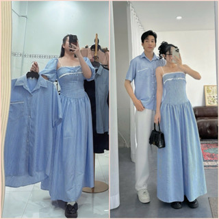 🌊 Nam max 100kg - Áo váy cặp đôi - đồ đôi sơ mi nam nữ váy sọc xanh 2 dây bản to ren trước ngực