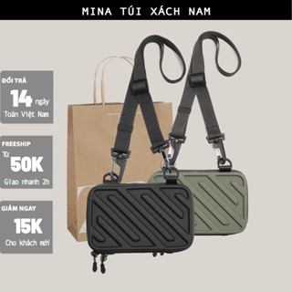 Túi đeo chéo nam dáng hộp vuông cứng, giỏ chéo đeo vai messenger vân ngoài đen xanh trơn đơn giản MINA