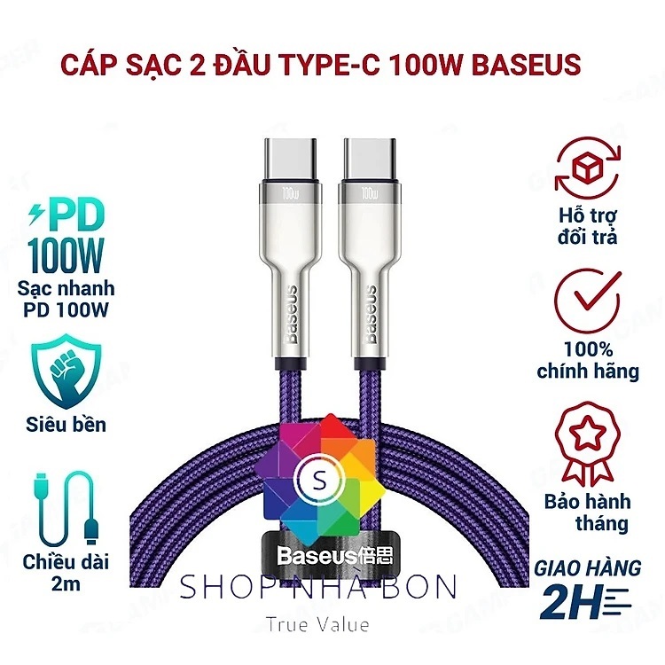 [ KHÔNG HỘP] Dây sạc 2 đầu Type C 100W Baseus Cafule Series Metal Data Cable Type-C to Type-C (100W)
