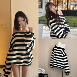 Áo Len Lệch Vai Kẻ Ngang Dáng Rộng QC