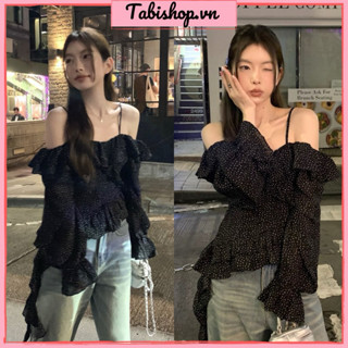 Áo 2 dây trễ vai tay dài phối tua rua TABISHOP Áo kiểu nữ hoạ tiết chấm bi mặc hè đi chơi xinh xắn(75)