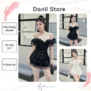   Kèm tag đá  Set áo CORSET GẤM TRỄ VAI khuy đá - Chân váy ren tầng  có mút lót  Nữ Women Top Viền Ren-set đồ nữ 