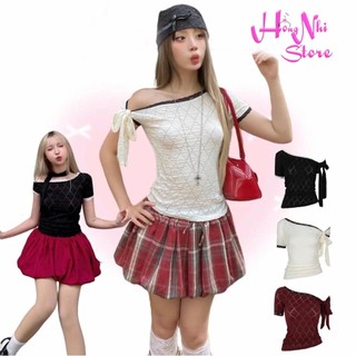  Áo Thun Lệch Vai Tay Ngắn Dáng Ôm Trễ Vai Kèm Dây Thắt Nơ Chất Ren Xốp Mềm Mịn - MM Hồng Nhi Store 