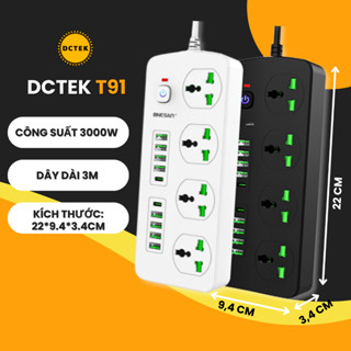 Ổ Cắm Điện Đa Năng DCTEK T91 Chịu Tải 3000W, 4 Cắm 8 USB 2 TYPEC, Nhựa PC Chống Cháy, Dây Nối Dài 3m