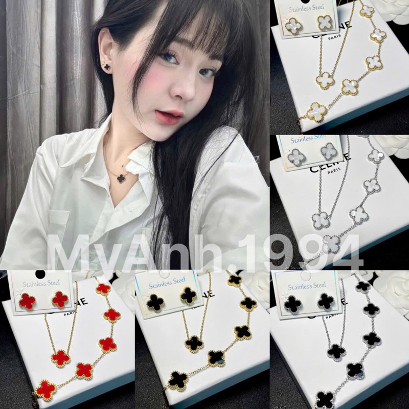 Set 3 món titan 2 mặt vòng cổ, khuyên tai, lắc tay hình cỏ 4 lá thép titan không rỉ mã M.A139