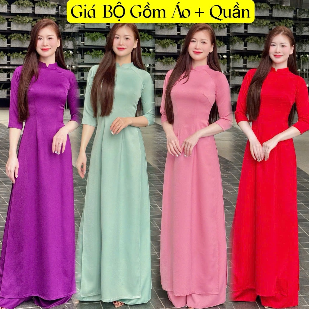 Bộ áo dài trơn, áo dài nữ lụa tây thi truyền thống cổ V tay lỡ Áo dài Quỳnh Nguyễn MÃ T32