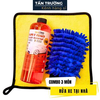 Combo 3 món rửa xe tại nhà (Bọt tuyết rửa xe 1 lít + khăn lau 2 mặt 3M + găng tay san hô rửa xe)