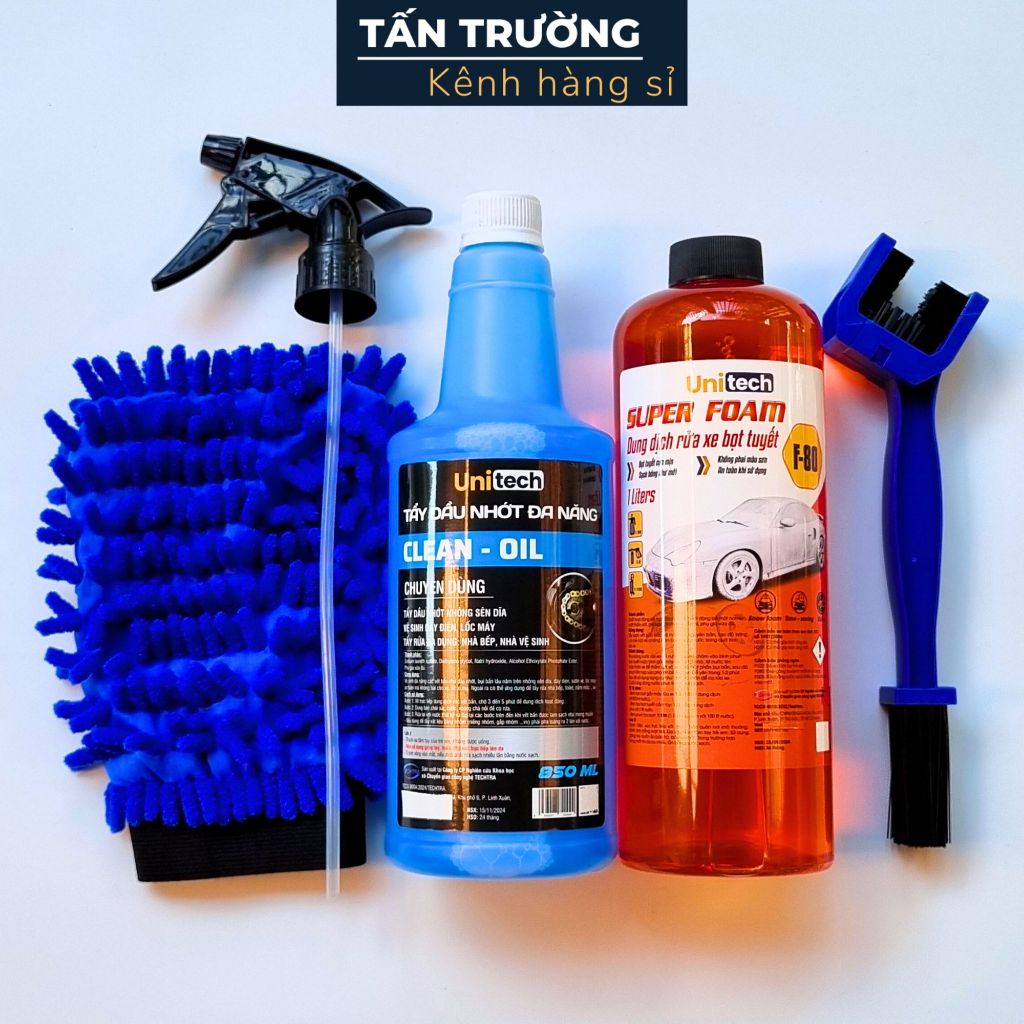 Combo 5 món Rửa Sên & Rửa Xe UNITECH (Tẩy lốc máy 1 lít + xà bông 1 lít + cọ sên + găng tay san hô +