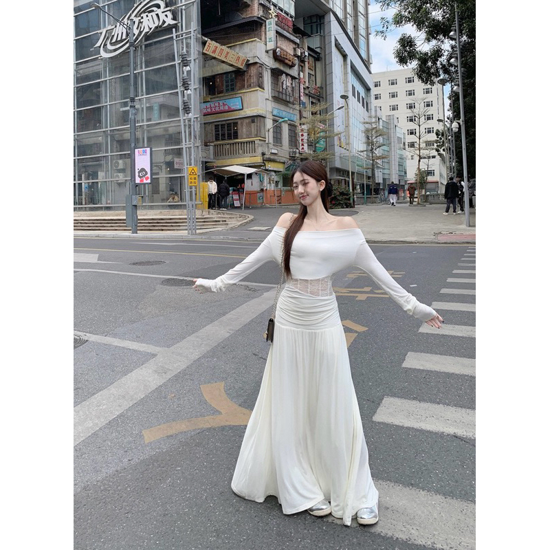 (ORDER LOẠI 1) SET VÁY TRỄ VAI TAY DÀI,SET VÁY XOÈ DÀI VÀ ÁO CORSET ÔM BODY TRẮNG VÀ ĐEN