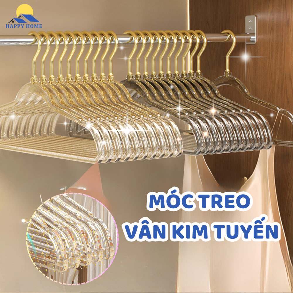 Combo 10 móc treo quần áo trong suốt, mắc quần áo kim tuyến chống trượt xoay 360 độ đa năng HappyHome