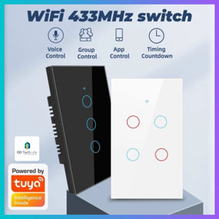 Công tắc thông minh Wifi + RF433, mặt kính cảm ứng, không viền Tuya 1,2,3,4 nút ấn