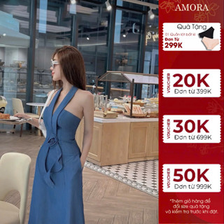 Váy Denim dáng dài cổ yếm sang chảnh,đầm jean ôm cúp ngực đính hoa,váy jeans dáng xòe dự tiệc  A0482