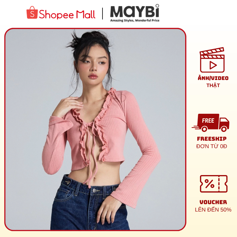 Áo Croptop Ôm Tay Dài Thun Gân, Phối Nơ Cột, Thiết Kế Viền Bèo Trẻ Trung - Maybi Chính Hãng