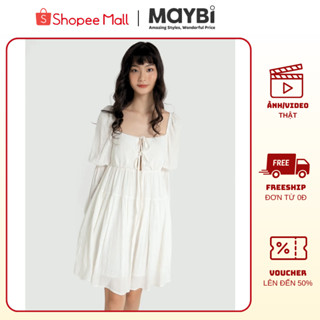 Đầm Babydoll Trắng Linen, Cổ Vuông, Phối Dây Nơ, Thiết Kế Nữ Tính - Maybi Chính Hãng