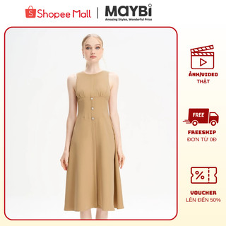 MAYBI Đầm midi chữ A công sở, váy suông nữ cotton thái, đầm cổ tròn phối nút thanh lịch