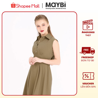 MAYBI Đầm xòe nữ công sở, váy liền thân tay sát cổ bẻ, chất tuyết nhung sang trọng, đầm xếp ly thời trang