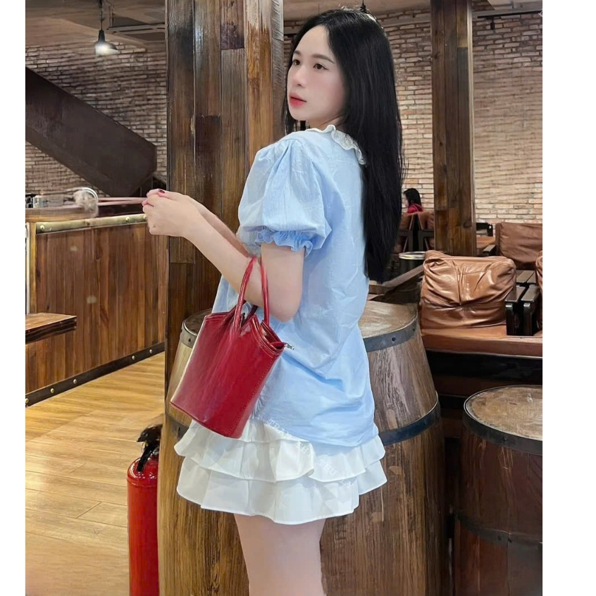 Sét váy tk nữ gồm áo kiểu babedoll tay ngắn phối bèo mix chân váy xòe tầng với tone màu nhẹ nhàng dành diện đi chơi xinh | BigBuy360 - bigbuy360.vn