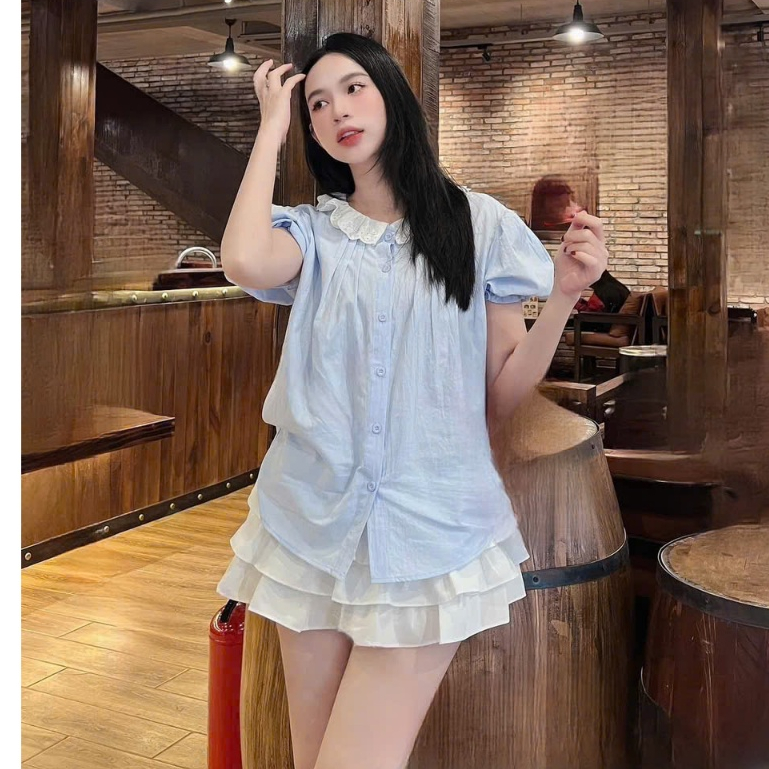 Sét váy tk nữ gồm áo kiểu babedoll tay ngắn phối bèo mix chân váy xòe tầng với tone màu nhẹ nhàng dành diện đi chơi xinh | BigBuy360 - bigbuy360.vn