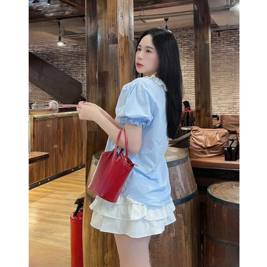 Sét váy tk nữ gồm áo kiểu babedoll tay ngắn phối bèo mix chân váy xòe tầng với tone màu nhẹ nhàng dành diện đi chơi xinh | BigBuy360 - bigbuy360.vn