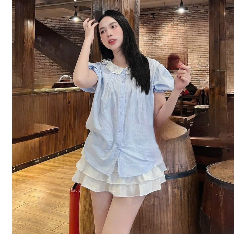 Sét váy tk nữ gồm áo kiểu babedoll tay ngắn phối bèo mix chân váy xòe tầng với tone màu nhẹ nhàng dành diện đi chơi xinh | BigBuy360 - bigbuy360.vn