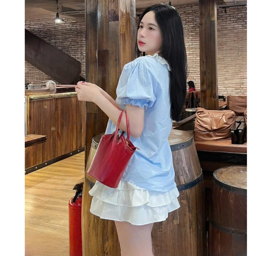 Sét váy tk nữ gồm áo kiểu babedoll tay ngắn phối bèo mix chân váy xòe tầng với tone màu nhẹ nhàng dành diện đi chơi xinh | BigBuy360 - bigbuy360.vn