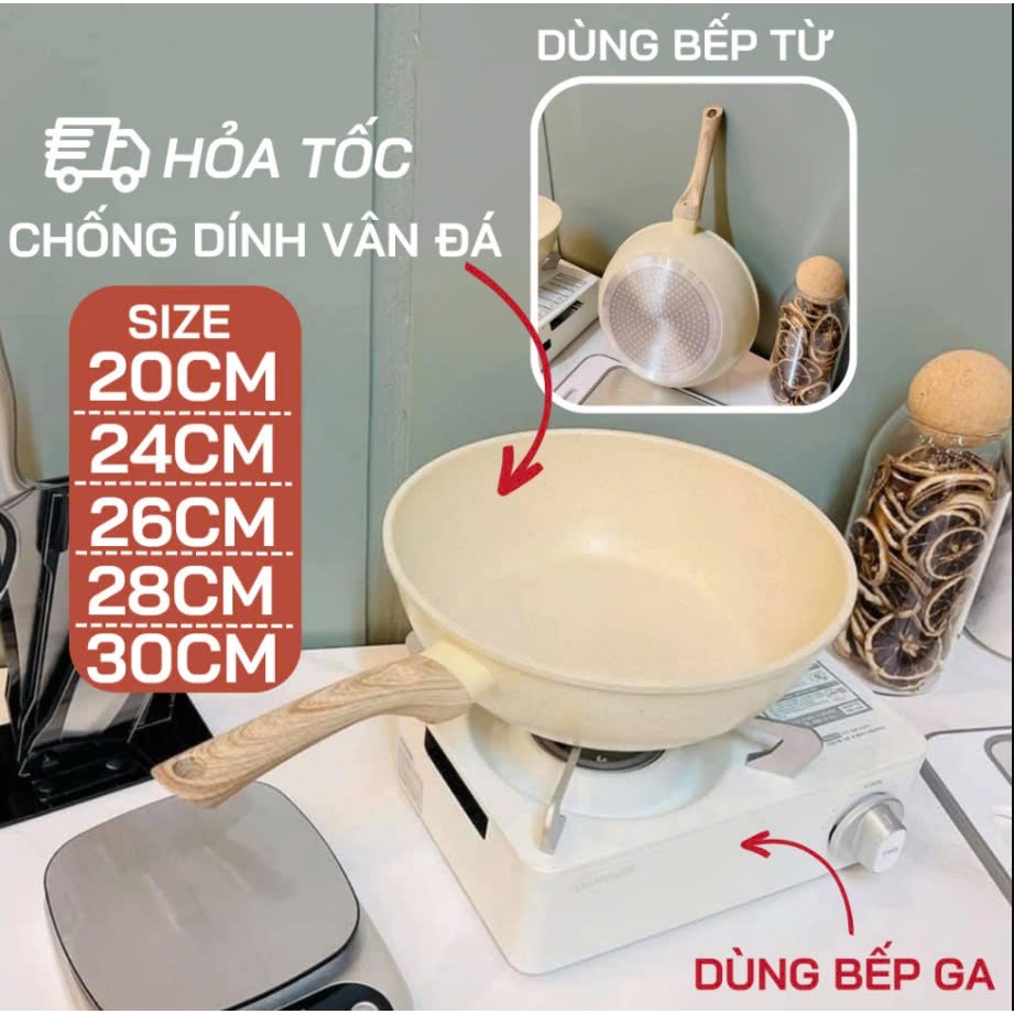 Chảo chống dính bếp từ sâu lòng 20/24/26/28cm - Chảo vân đá phủ lớp chống dính - Chảo sâu lòng chống dính cán gỗ