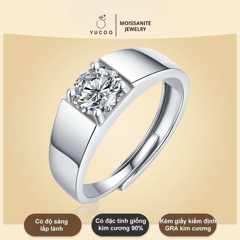 Nhẫn nam, nhẫn bạc nam kim cương Moissanite nhẫn bạc nam 7 ly kiểm định GRA YUCOO sang trọng
