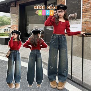 Quần jeans cho bé gái , quần bò dáng ống suông thêu nơ từ 15kg-45kg Minh Châu QD12