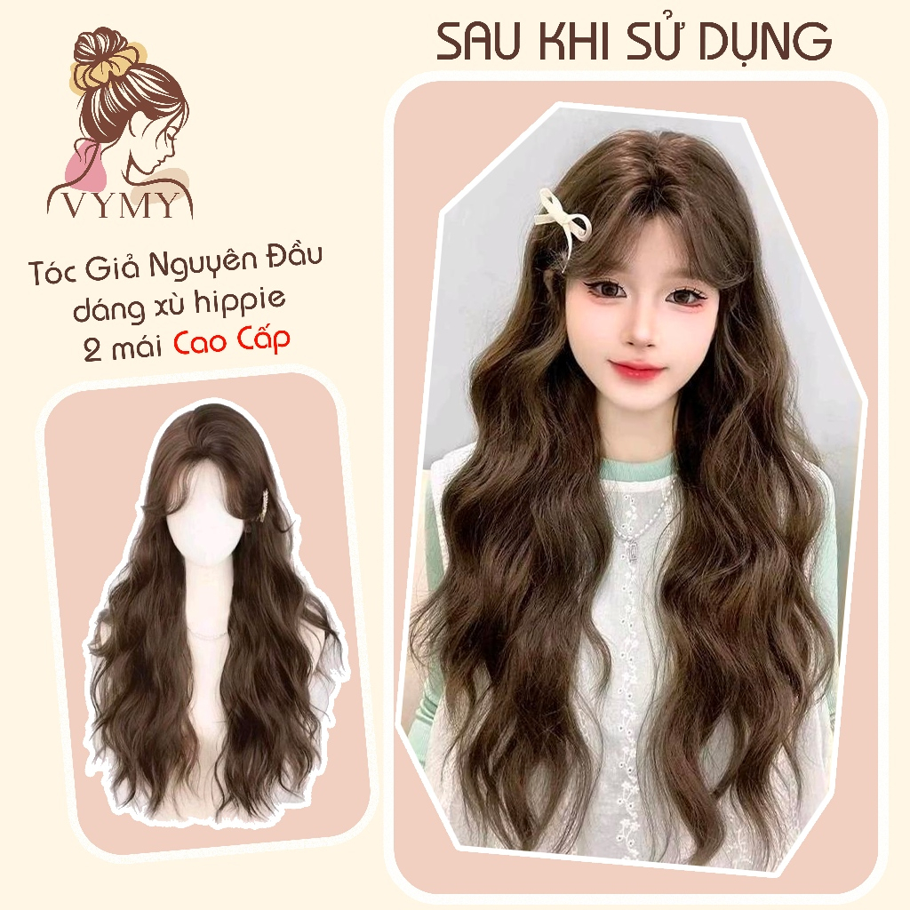 Tóc giả nguyên đầu dệt kim cao cấp dáng xù hippie 2 mái - Tóc Giả Cao Cấp VyMy