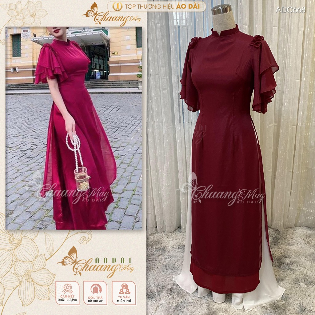 Áo Dài Cách Tân Nữ 4 Tà Lệch Lụa Tơ Đỏ Đô Cao Cấp Cổ Vuông Tay Bèo Cánh Tiên Dự Tiệc Lễ Tết ADC668