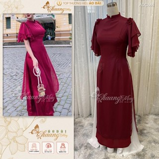 Áo Dài Cách Tân Nữ 4 Tà Lệch Lụa Tơ Đỏ Đô Cao Cấp Cổ Vuông Tay Bèo Cánh Tiên Dự Tiệc Lễ Tết ADC668
