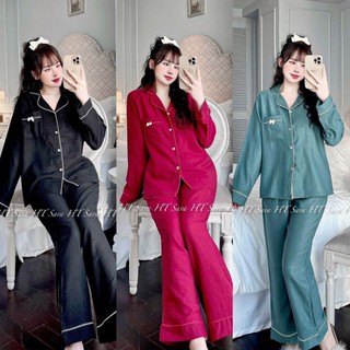  Bộ mặc nhà Pyjama nữ nhung tăm cao cấp cổ vạt túi ngực đính nơ nhẹ nhàng sang chảnh Áo dài + Quần dài 