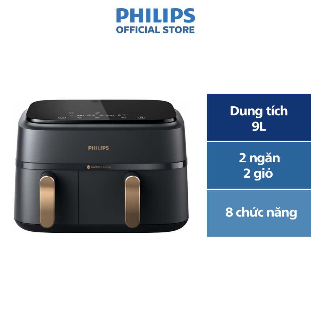 Nồi Chiên Không Dầu 2 ngăn 2 giỏ Philips NA352/00 | 2750W | 9 lít - Hàng Chính Hãng