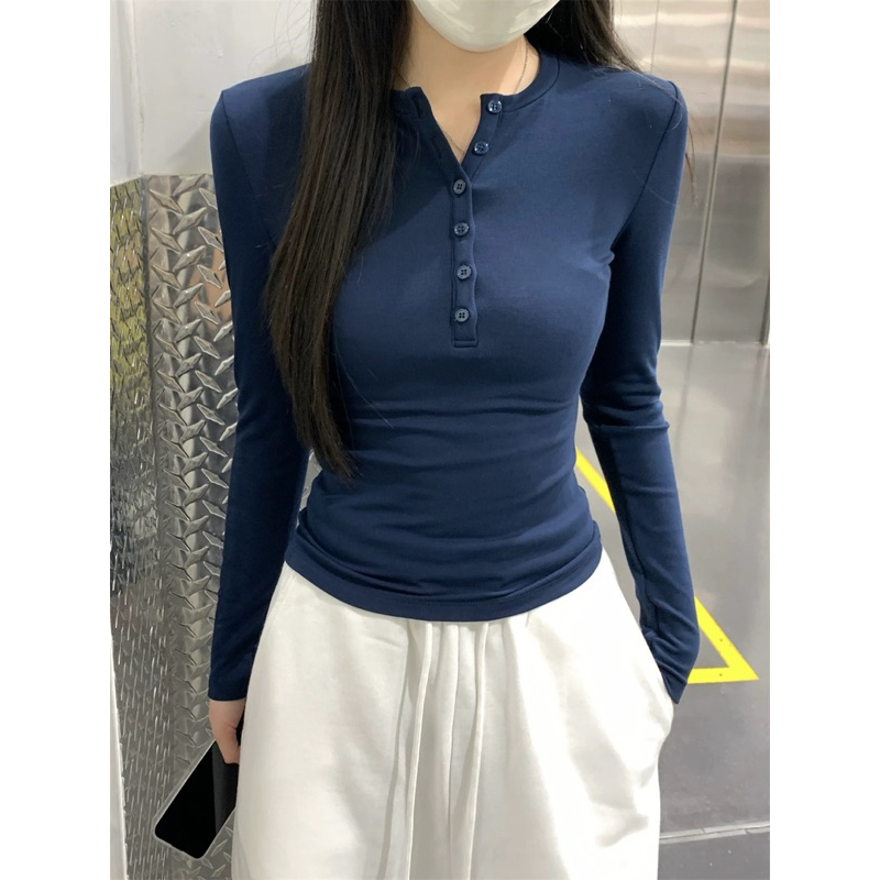 Áo Thun Nữ Dài Tay Cúc Mở Dáng Ôm Body Đơn Giản Dành Cho Mùa Thu, Áo Thun Tăm Ôm Basic, Áo Thun Tăm Thỏ Xanh .
