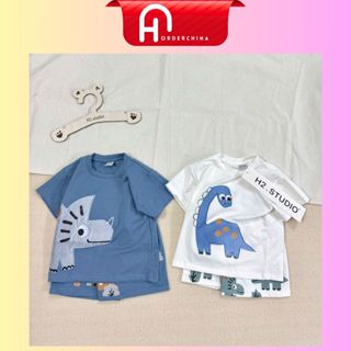 Set 2 bộ quần áo bé trai hoạ tiết khủng long tê giác tone màu xanh trắng dịu mắt - HNOrderChina