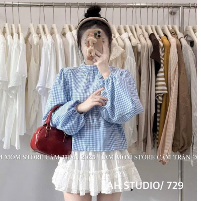 Áo sơ mi kẻ caro cổ trụ