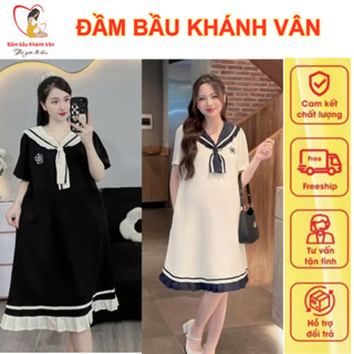 Váy bầu, đầm bầu cộc tay dáng xuông vạt nơ thuỷ thủ chất thun tổ ong 2 màu đen và be sang chảnh, bầu mặc đi làm đi chơi,