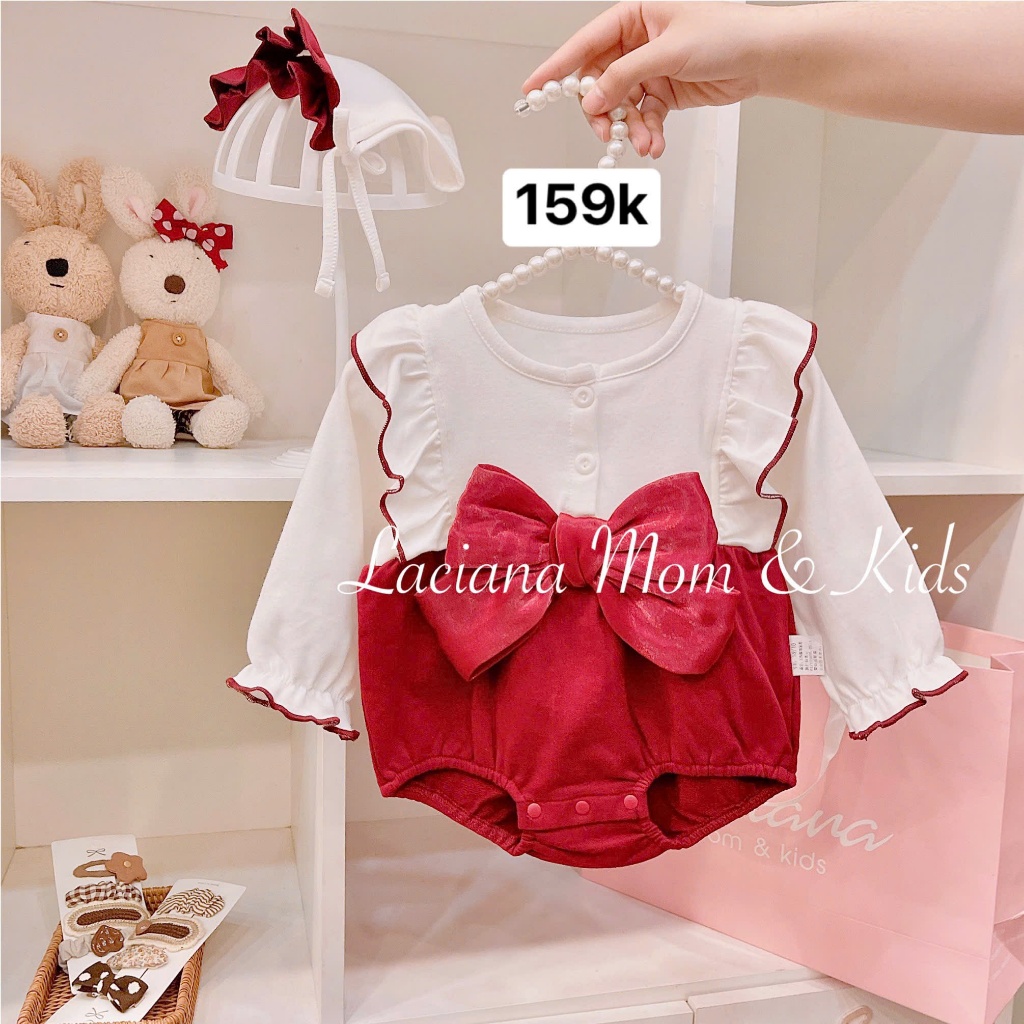 Body Suit Dài Tay Đỏ Nơ Kèm Nón Xinh Yêu Cao Cấp Cho Bé Gái Từ 0-24 Tháng - LACIANA - BS041