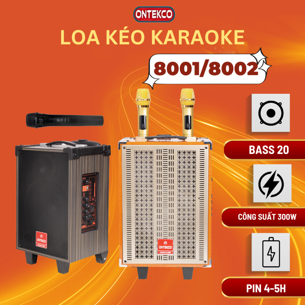 Loa kéo ONTEKCO 8001|8002 kết nối bluetooth, loa kéo hát karaoke gia đình, kèm micro karaoke UHF