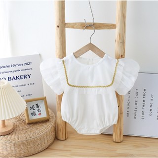 Body Suit Dáng Ngắn Tay Bồng Cổ Yếm Viền Vàng Cho Bé Gái (3-24 Tháng) - LACIANA - BS003
