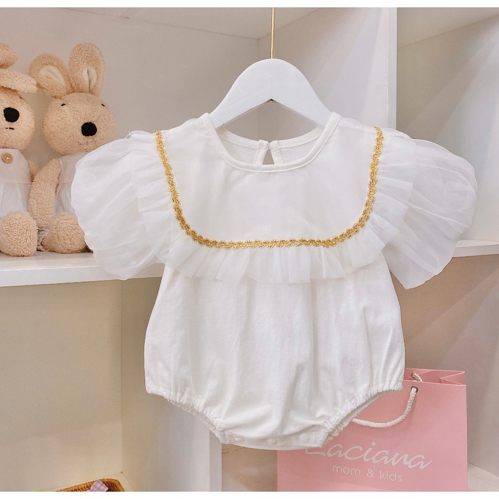 Body Suit Dáng Ngắn Tay Bồng Cổ Yếm Viền Vàng Cho Bé Gái (3-24 Tháng) - LACIANA - BS003