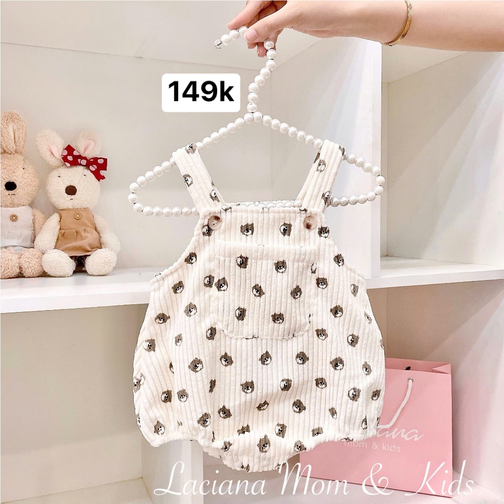 Body Suit Yếm Nhung Hoạ Tiết Gấu Cao Cấp Cho Bé (Từ 3-24 Tháng) - LACIANA - BS006